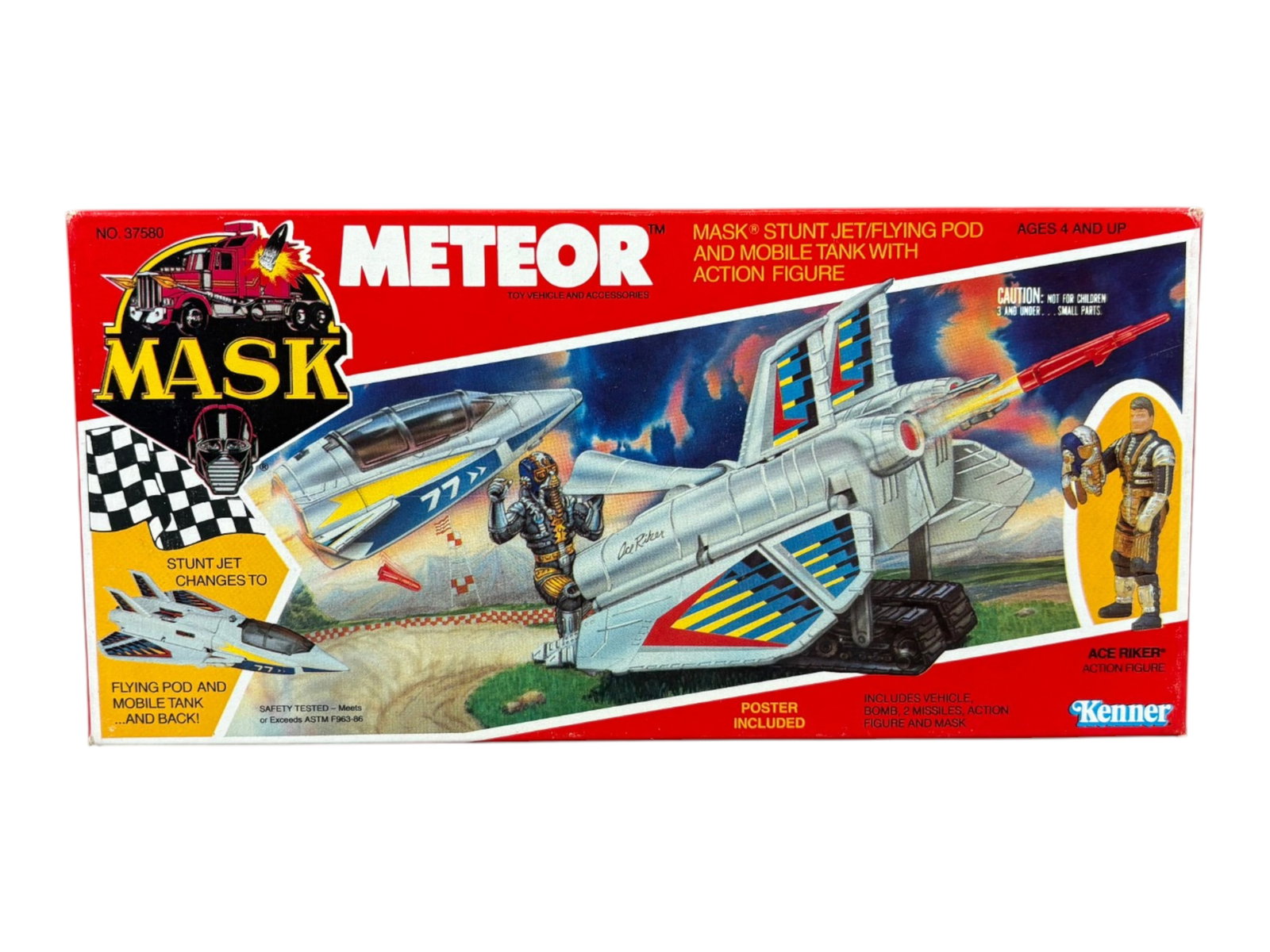 MISB, Kenner MASK Meteor & Ace Riker Figure: Kenner, 1987. Mint in Sealed Box, MASK Meteor Stunt Jet vehicle with Ace Riker action figure. Box is still factory taped on both ends. Box shows light edge and corner wear and light surface wear. Ship