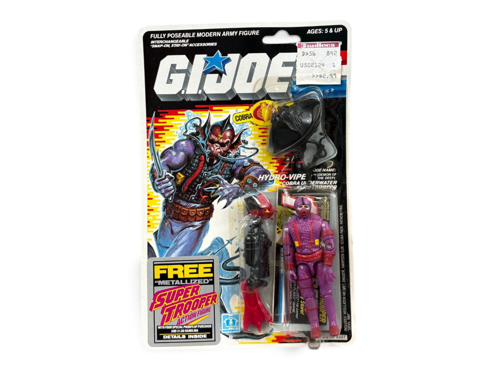 1988 MOC GI Joe Hydro Viper Figure, 34 Back: G.I. Joe - A Real American Hero, Version 1, 34 card back with grey card file, series 7, Hasbro, 1988. Mint on card "Hydro-Vipers" Demon of the Deep Cobra Underwater Elite Trooper action figure. Figure