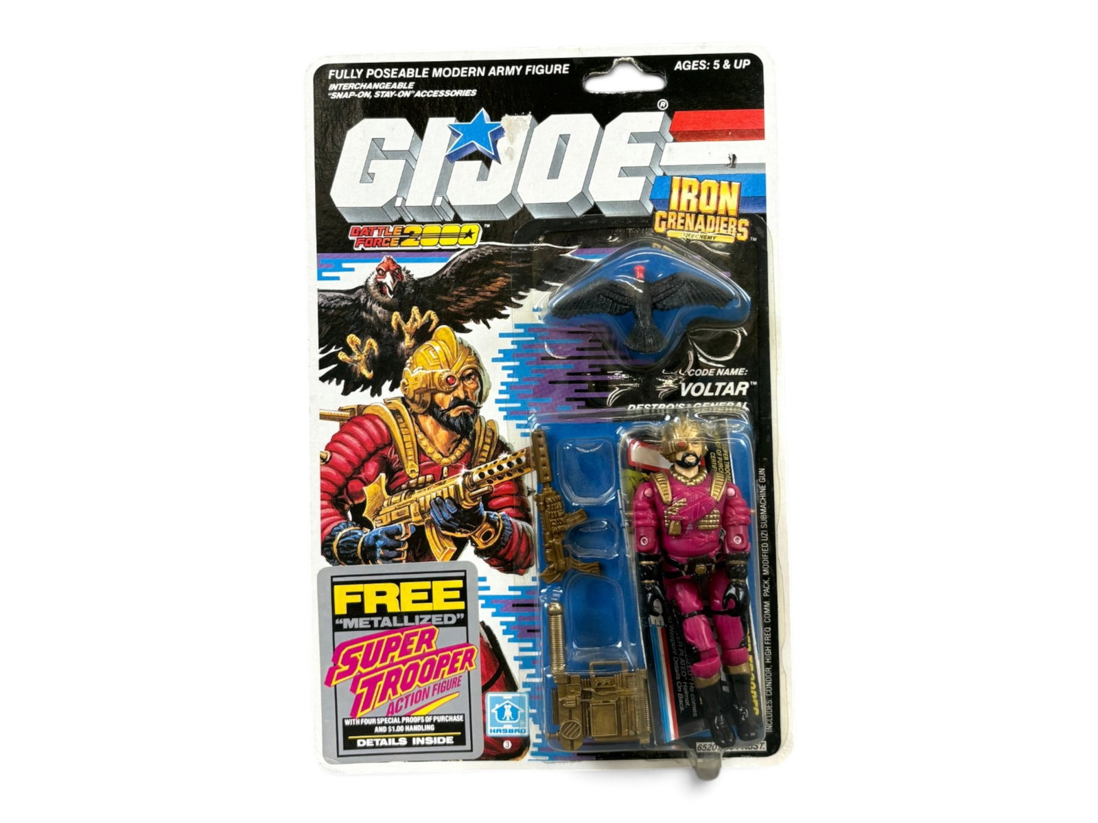 1988 MOC GI Joe Voltar Figure, 34 Back: G.I. Joe - A Real American Hero, Version 1, 34 card back with grey card file, series 7, Hasbro, 1988. Mint on card "Voltar" Destro's General action figure. Figure has never been removed and blister is