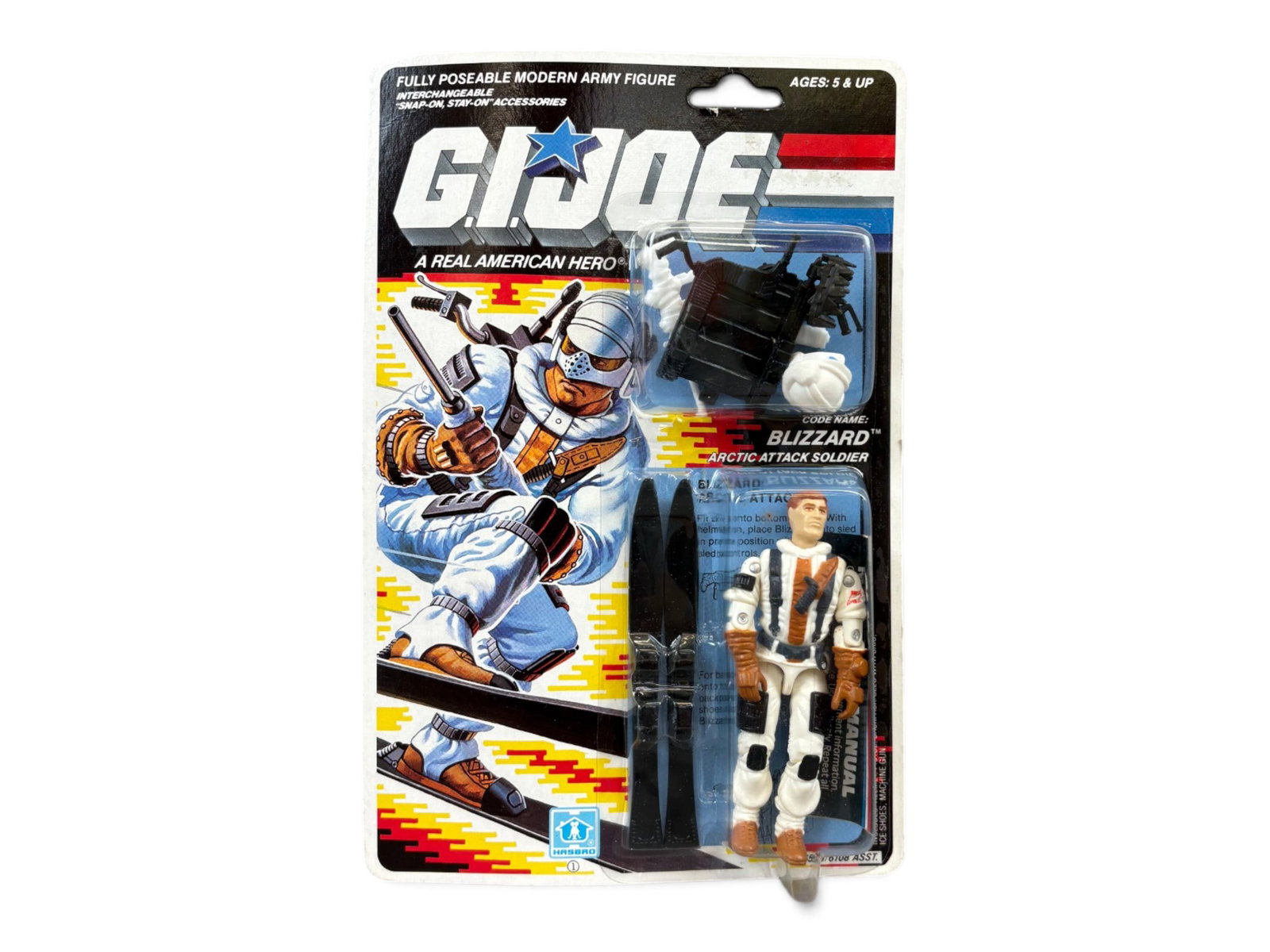 1988 MOC GI Joe Blizzard Figure, 34 Back: G.I. Joe - A Real American Hero, Version 1, 34 card back with grey card file, series 7, Hasbro, 1988. Mint on card "Blizzard" Arctic Attack Soldier action figure. Figure has never been removed and bli