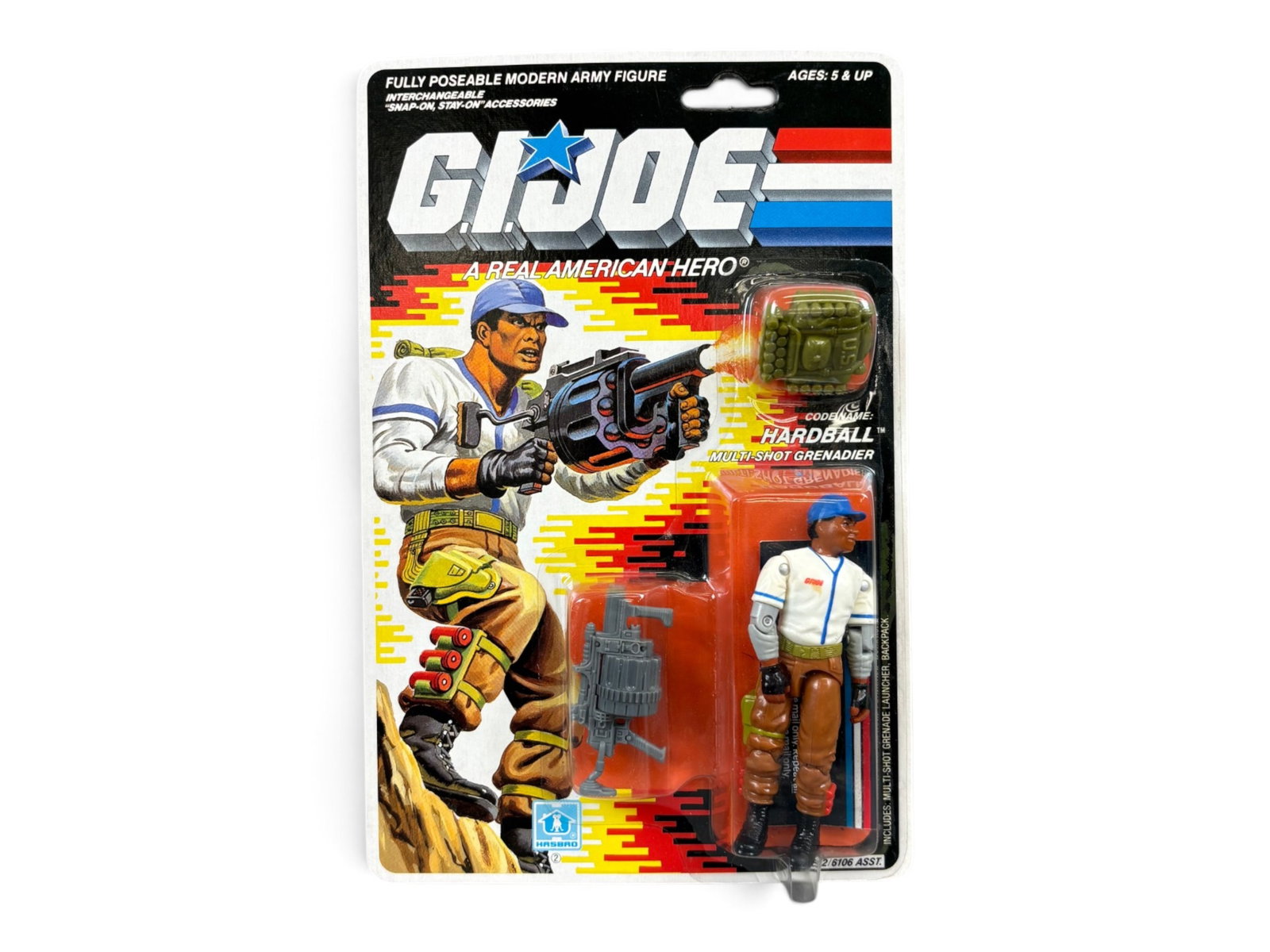 1988 MOC GI Joe Hardball Figure, 32 Back: G.I. Joe - A Real American Hero, Version 1, 32 card back with grey card file, series 7, Hasbro, 1988. Mint on card "Hardball" Multi Shot Grenadier action figure. Figure has never been removed and blis