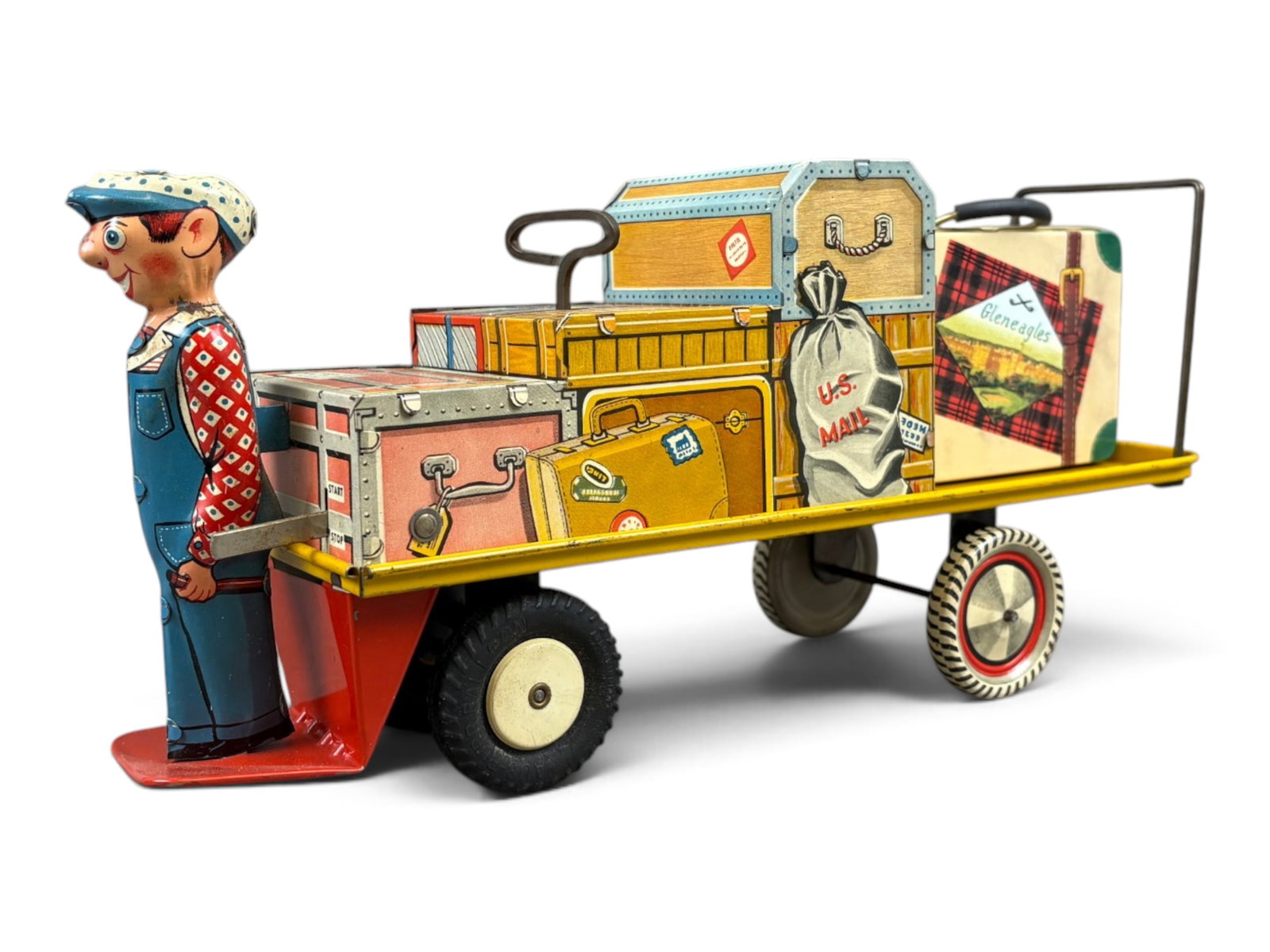 Unique Art Tin Litho Windup Finnegan US Mail Cart: Approx. 13" long. Working condition. Shows light scuffs and scratches. Shipping: Weiss Auctions offers full-service, in-house shipping for nearly all items in this auction. For a shipping quote,