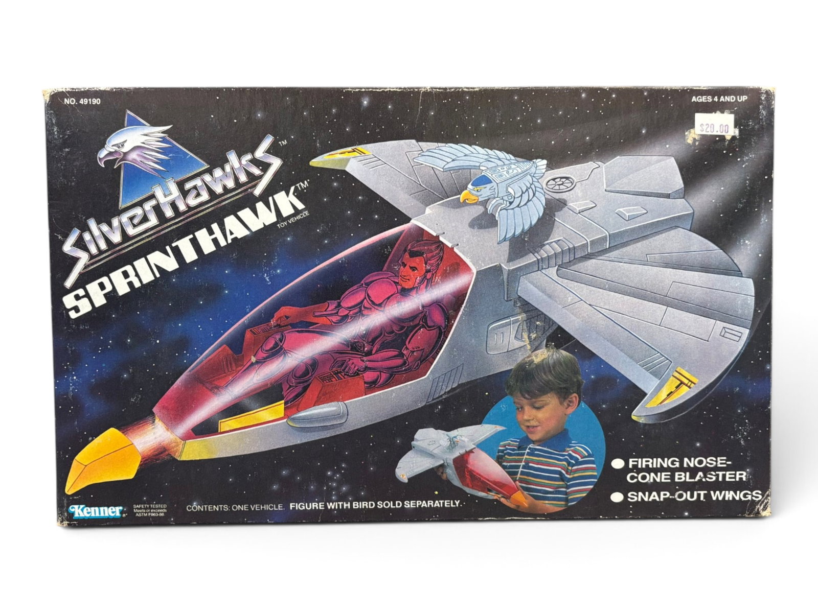 MISB, Kenner Silverhawks Sprinthawk Vehicle: Kenner, 1988. Vintage, sealed in original box, Silverhawks "Sprinthawk" toy vehicle. Box is still factory taped at both ends. Box shows edge and corner wear, and some light surface wear. Small