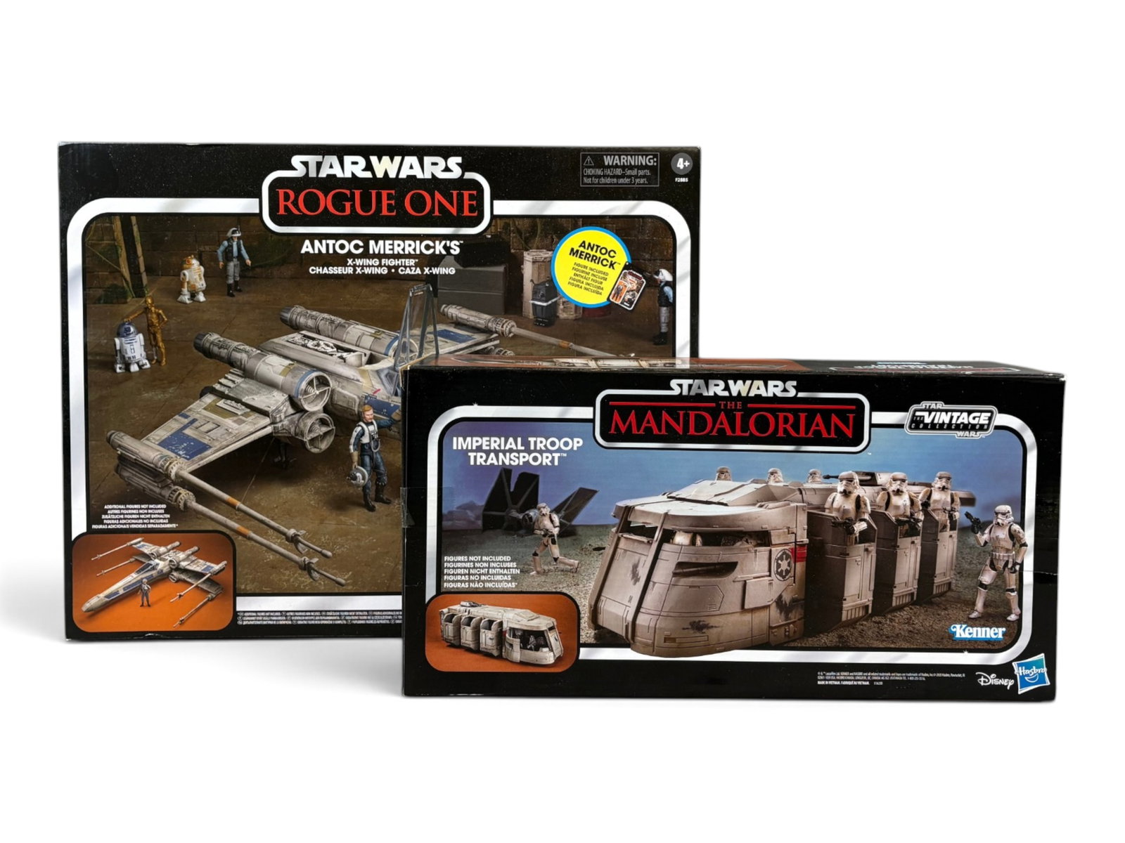 (2) MISB Star Wars Vintage Collection Vehicles: Hasbro, 2020 & 2021. Mint in Sealed Box Star Wars Mandalorian Imperial Troop Transport, and Rogue One Antoc Merrick's X-Wing Fighter with action figure. Both vehicles from the Star Wars Vintage