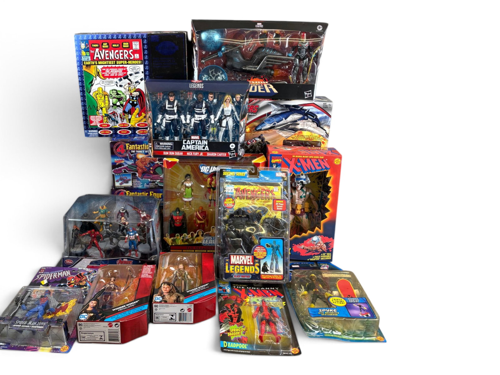 NIB, Large Lot of Marvel & DC Action Figure Toys: Includes Spider-Man Hobgoblin Wing Bomber by Toy Biz, Fantastic Four Mr. Fantastic's Sky Shuttle by Toy Biz, Fantastic Four The Thing's Sky Cycle, Avengers Deluxe Figurine Set, Avengers Age of Ultron