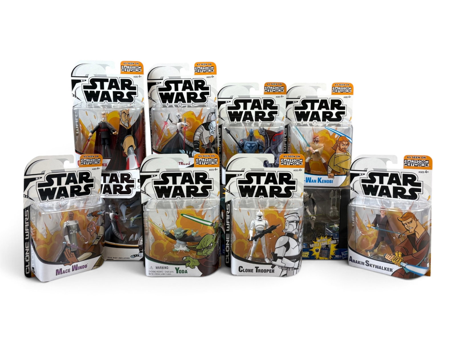 Star Wars Clone Wars Cartoon Network Figure Lot: Mint on Card grouping. Includes Count Dooku, Durge, Asajj Ventress, Obi-Wan Kenobi, Anakin Skywalker, Mace Windu, Yoda, Clone Trooper, Stith Attack Pack, and more. Each has some edge and corner wear,