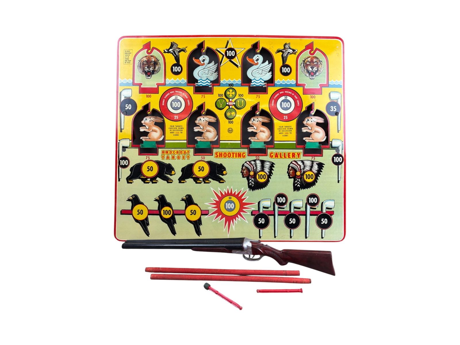Marx Knockdown Target Shooting Gallery w/Orig Box: Large and impressive tin lithographed toy. Appears to be complete with target and double barreled dart gun. Also includes 2 darts, however they do not lock into the dart gun barrel, and one is missing