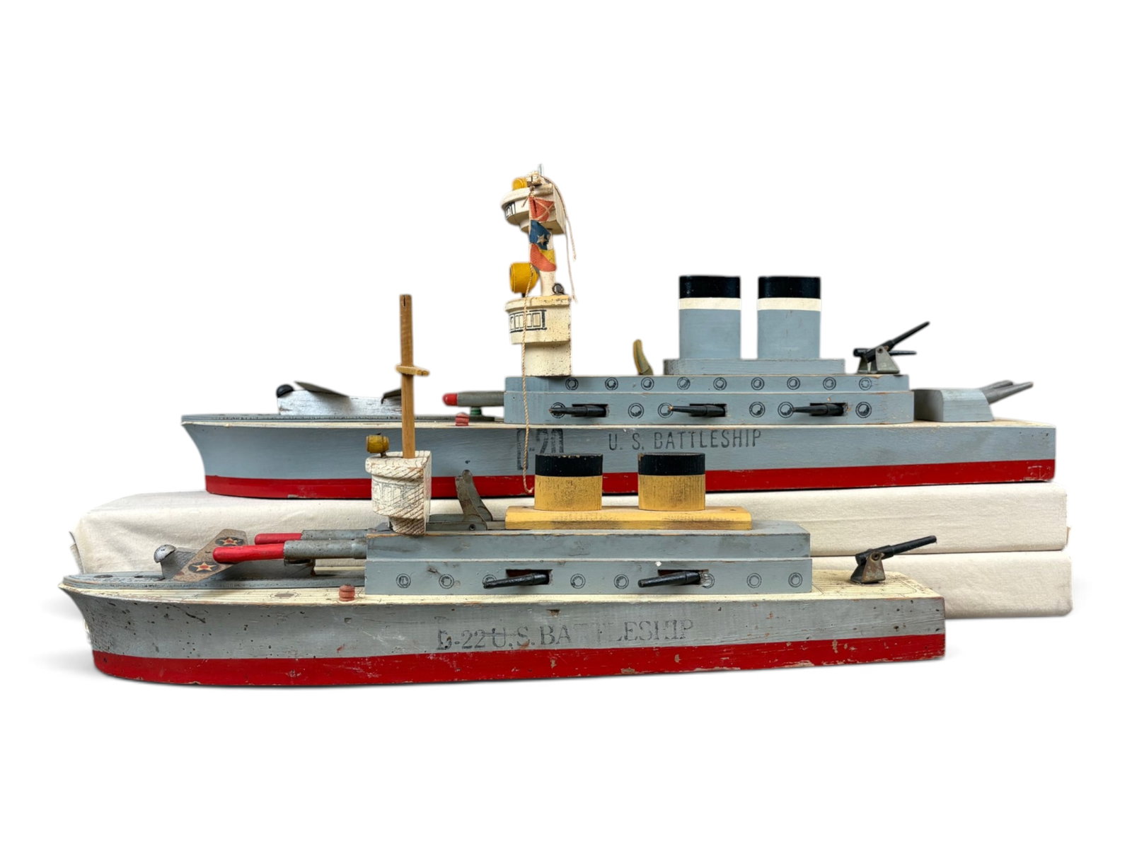 Keystone Wooden U.S. Battleships, B-22 & B-20: Lot of 2 Vintage Keystone Wooden U.S. Battleships, including B-22 and B-20. Both ships include 2 wooden rockets and wooden airplane. Approx. 21" and 18" long. Both show overall playwear with surface w