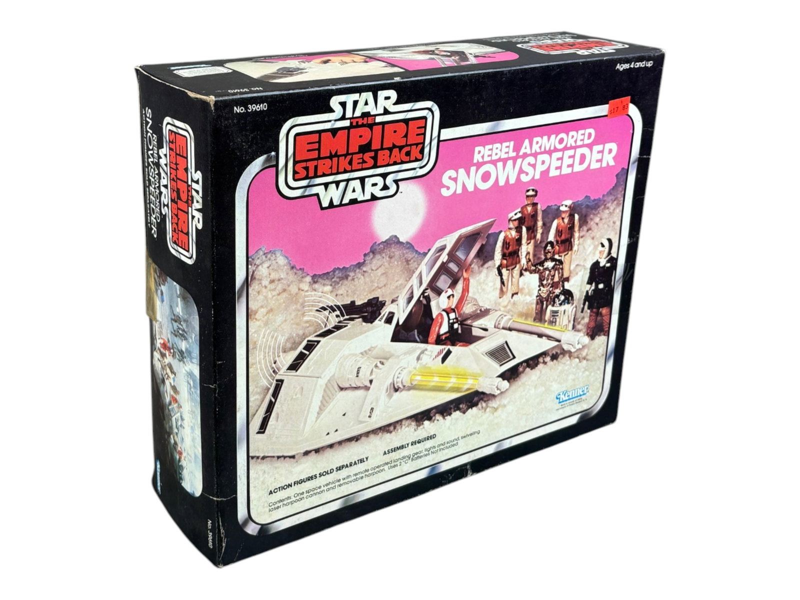 1980 Star Wars ESB Snowspeeder, Kenner, Boxed: Vintage and Original, Star Wars The Empire Strikes Back "Rebel Armored Snowspeeder" by Kenner, 1980. Pink box version. Box appears to be factory taped and sealed at both ends. One of the tape strips i