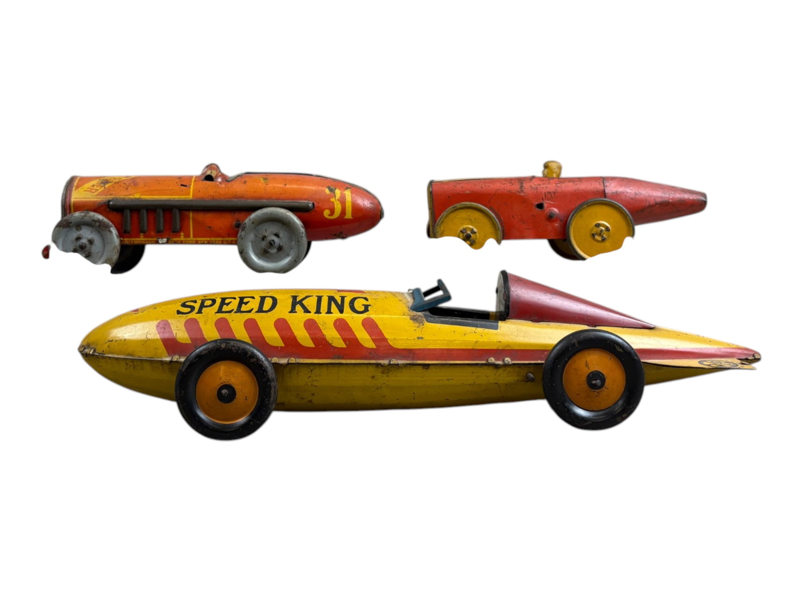 (3) Vintage Tin Litho Windup Race Cars: Includes Strauss Red Flash Racer (9.5" long), Marx Speed King Racer (16.5" long), and boat tail streamline racer. Windup mechanism on each is not working. The Marx Speed King is missing the driver. Al