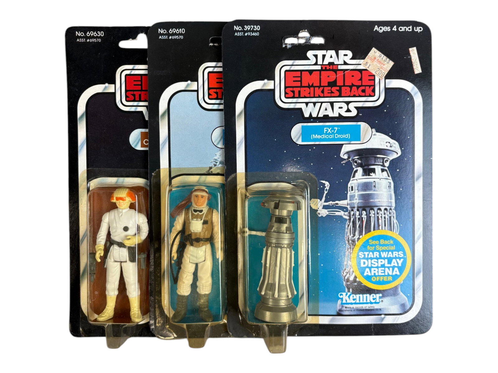 (3) 1981 MOC Star Wars ESB Action Figures, 45 Back: Three Vintage, Mint on Card, Star Wars The Empire Strikes Back action figures by Kenner, 1981. 45 Back-A with offer for Display Arena. One card is partially punched, and the other two are punched. Bli