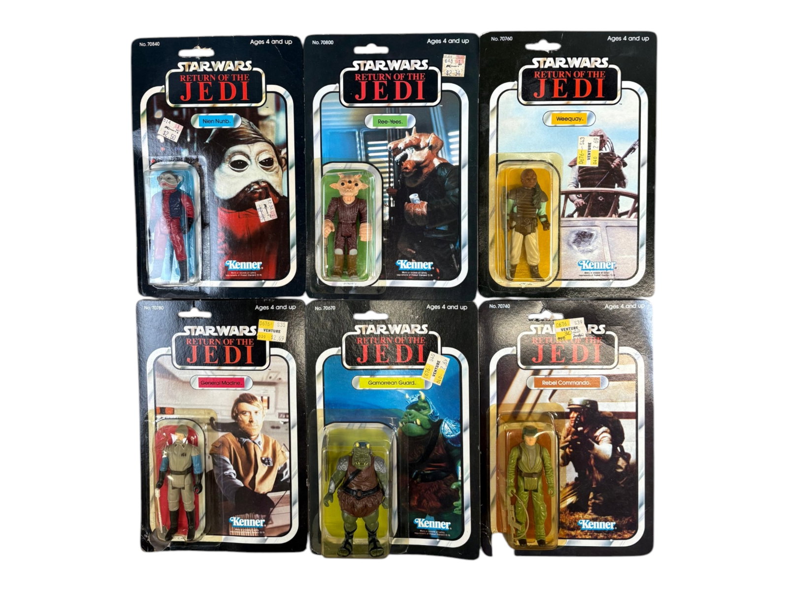 (6) 1983 MOC Star Wars ROTJ Figures, 65 Back: Six Vintage, Mint on Card, Star Wars Return of the Jedi action figures by Kenner, 1983. 65 Back-A and 65 Back-B. Includes Ree-Yees, Gamorrean Guard, General Madine, Rebel Commando, Nien Nunb, and Weeq