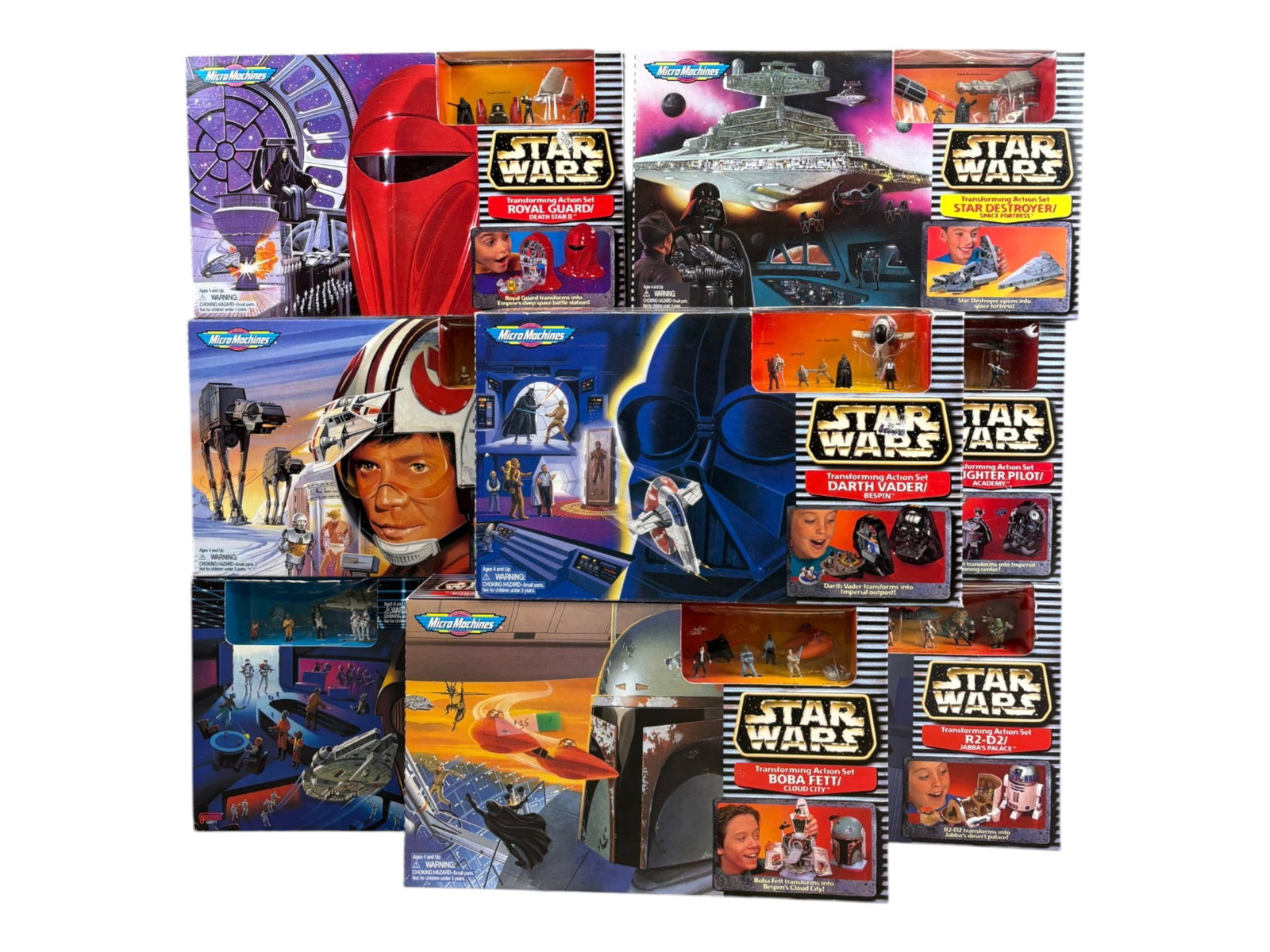 (8) NIB, Star Wars Micro Machines Playset, Galoob: Lot consists of (8) New in Box, Sealed, Star Wars Micro Machines Transforming Action Playsets by Galoob. Includes Boba Fett / Cloud City, Darth Vader / Bespin, Tie Fighter Pilot / Academy, Royal Guard