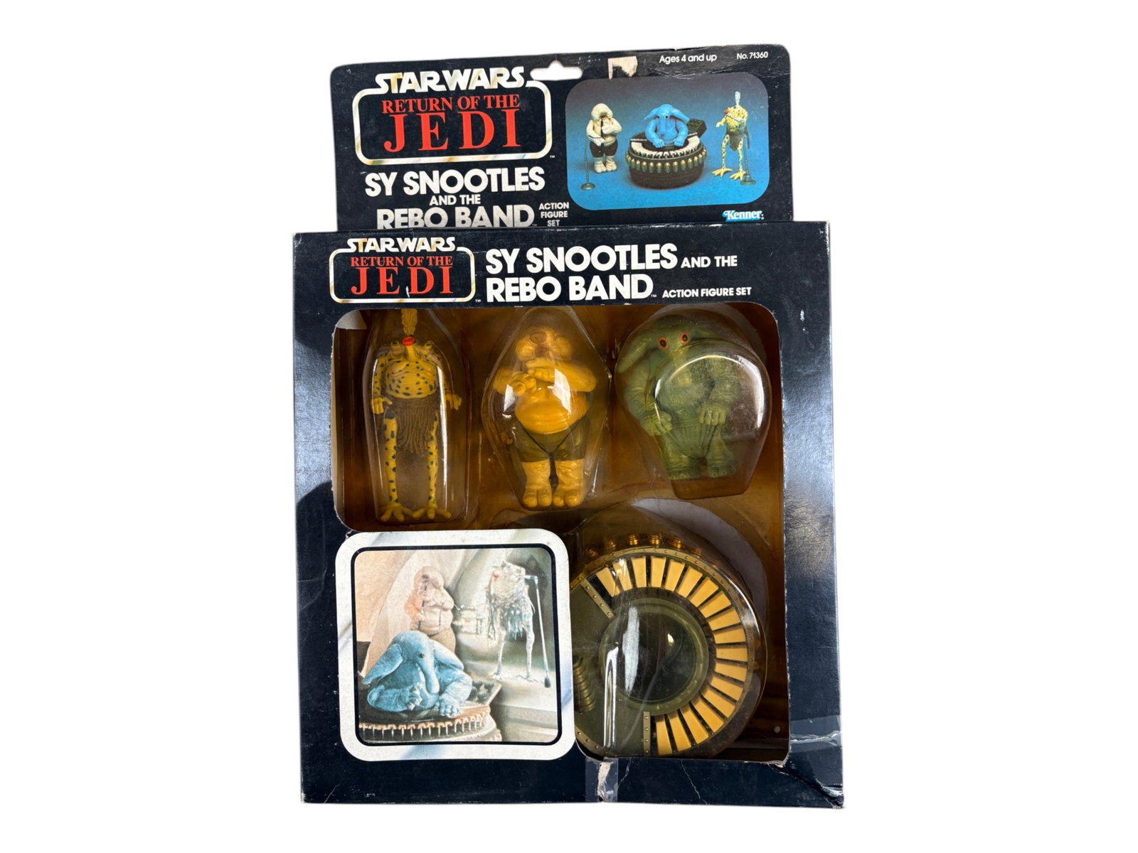 1983 Star Wars ROTJ Sy Snootles & Rebo Band: Vintage and Original, Star Wars Return of the Jedi "Sy Snootles and the Rebo Band" action figure set by Kenner, 1983, 77 back. Figures include Sy Snootles, Droopy McCool and Max Rebo. Box has been ope