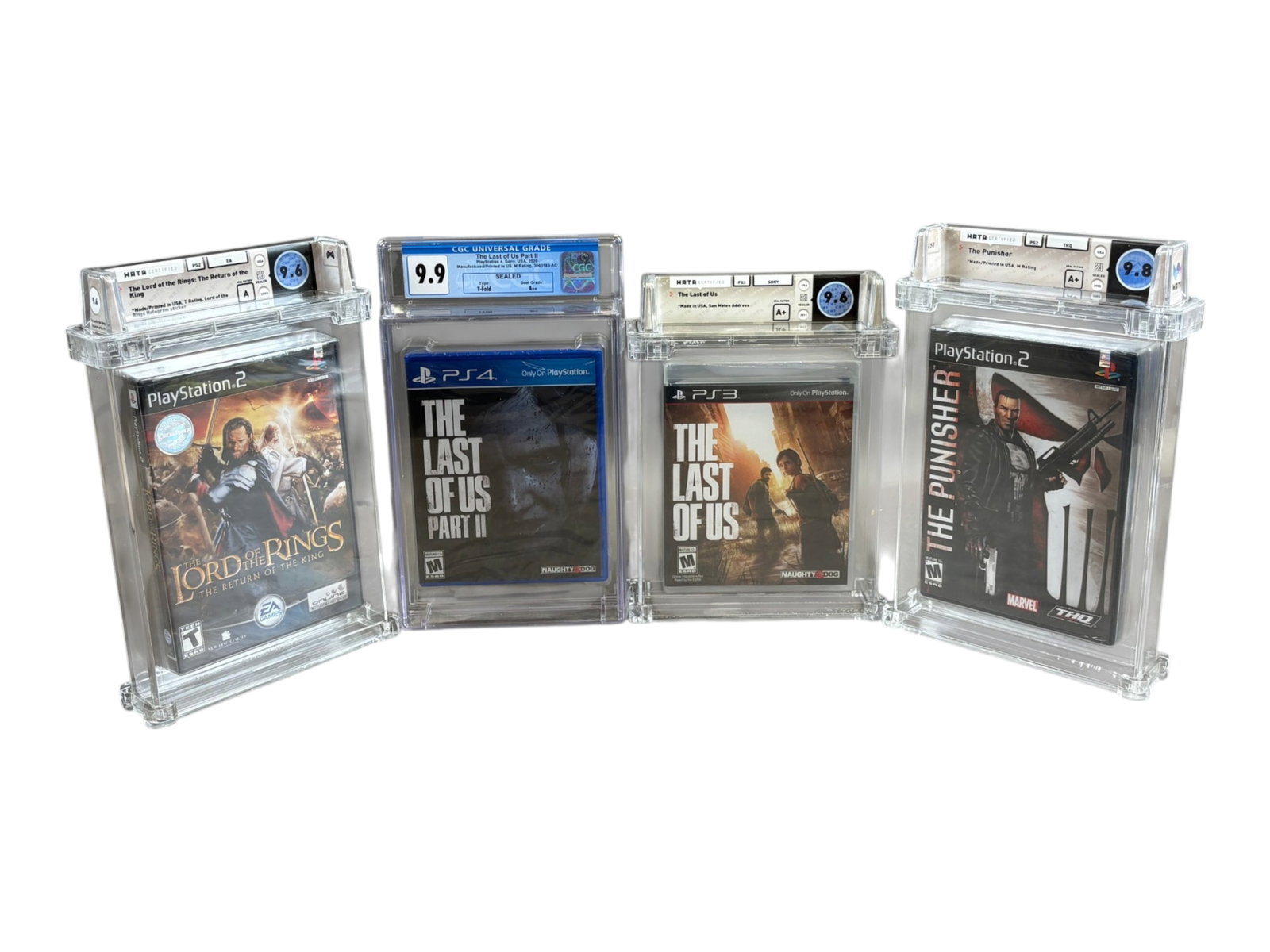(4) Sealed Wata Video Games, PS2, PS3, PS4: Includes: The Lord of the Rings: The Return of the King, Wata 9.6, A Seal, PS2, 2003, The Punisher, Wata 9.8, A+ Seal, PS2, 2005, The Last of Us, Wata 9.6, A+ Seal, PS3, 2013, and The Last of Us Part 