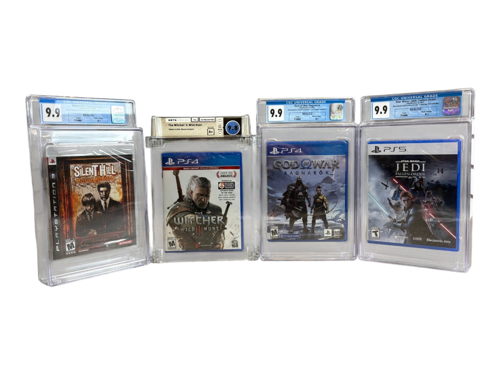 (4) Sealed Wata Video Games, PS3, PS4, PS5: Includes: Silent Hill: Homecoming, Wata 9.9, A++ Seal, PS3, 2008, The Witcher 3: Wild Hunt, Wata 9.8, A+ Seal, PS4, 2015, God of War: Ragnarok, Wata 9.9, A++ Seal, PS4, 2022, and Star Wars: Jedi: Fall