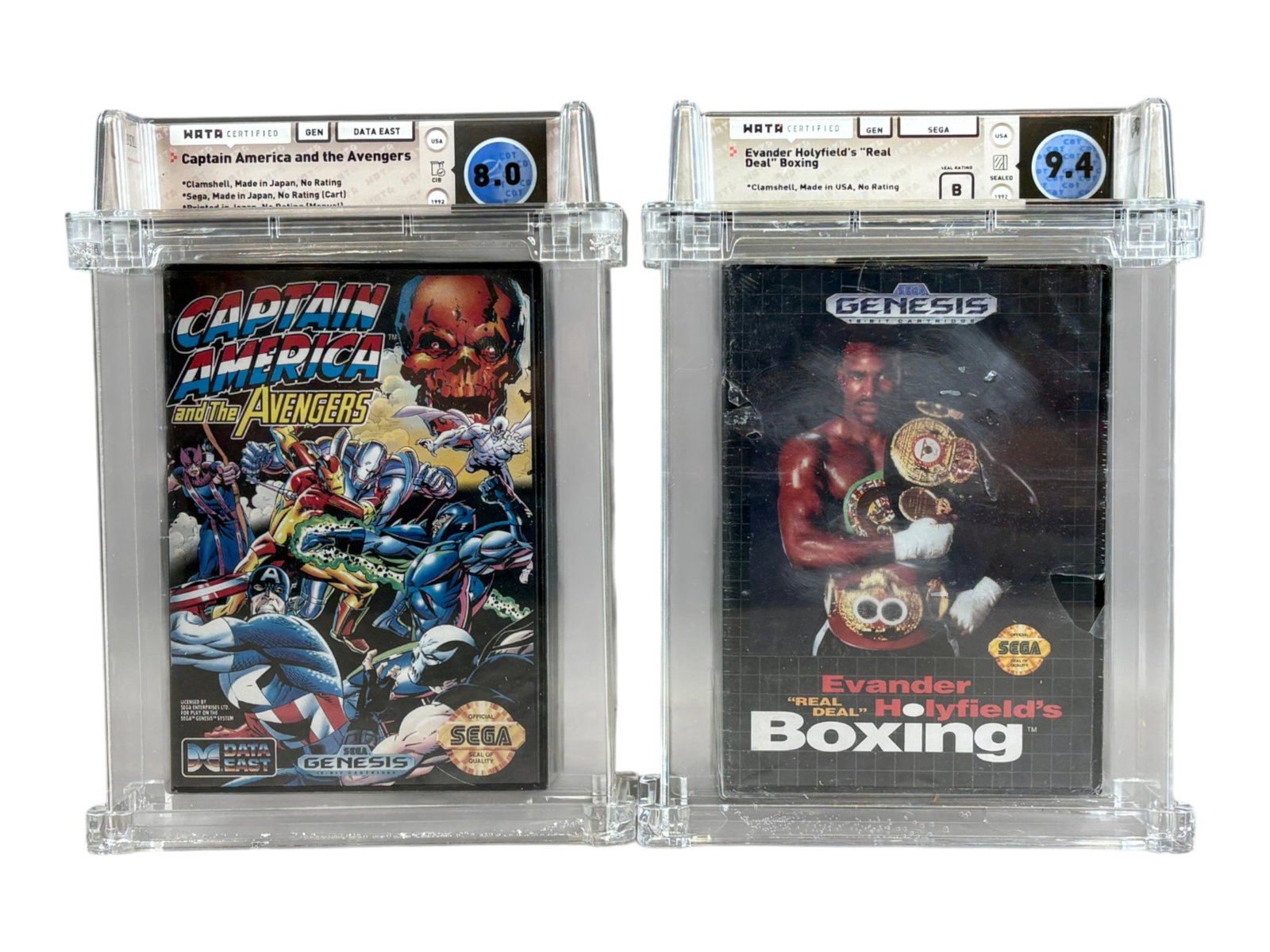 (2) Wata Video Games, Genesis Game System: Includes: Evander Holyfield's Real Deal Boxing, Wata 9.4, B Seal, Genesis, 1992, and Captain America and the Avengers, Wata 8.0, Opened CIB, Genesis, 1992. See images for additional grade details of