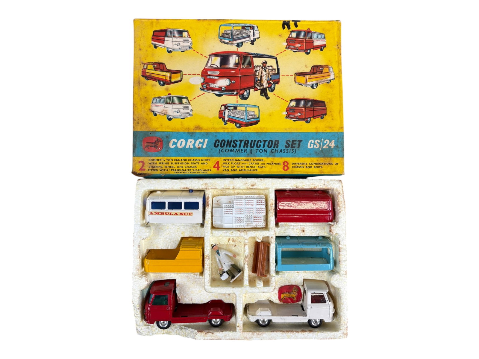 Corgi Toys Constructor Gift Set GS/24, in Orig Box: Appears complete with (2) Commer trucks, and interchangeable bodies including Milk Float with Crates and Milkman, Pickup with Bench Seat, Van and Ambulance. Housed in the original box with styrofoam i
