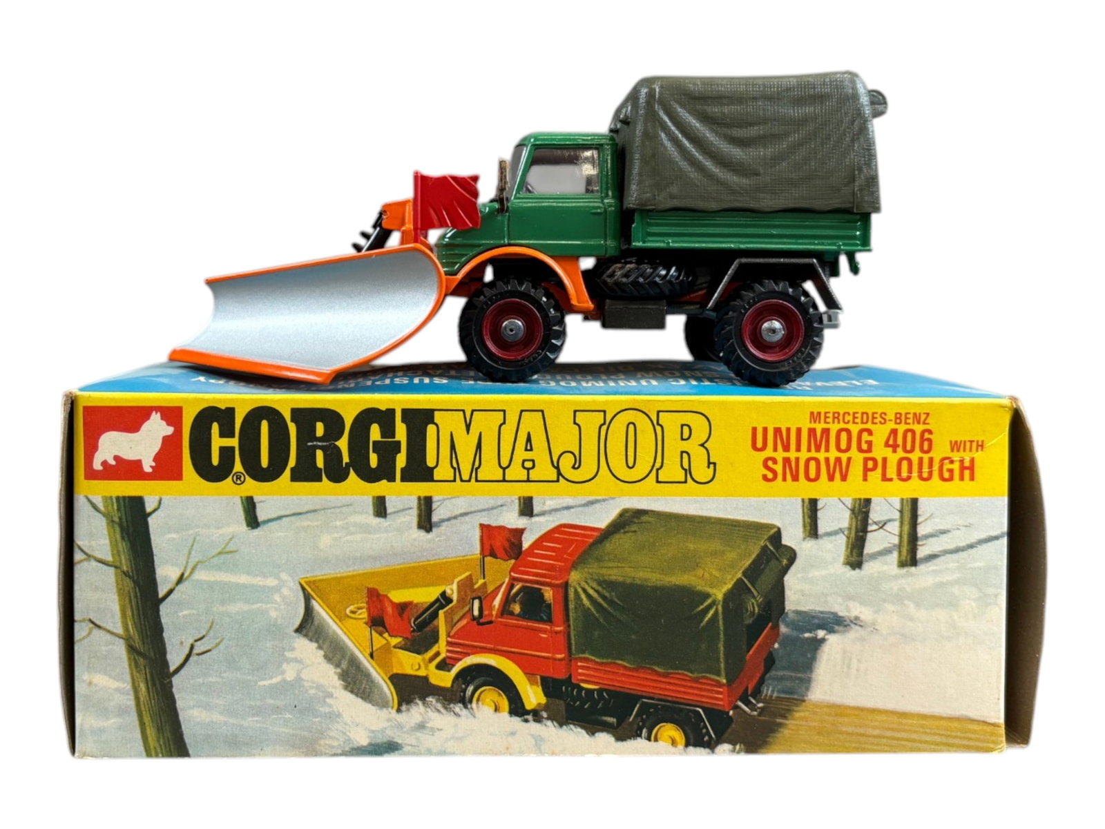Corgi Major 1150 Mercedes Benz Unimog Snow Plough: Comes in the original box, however missing insert. Shows light playwear. Box has wear and is dirty with staining, tears, and wear to the cello. Shipping: Weiss Auctions offers full-service, in-house