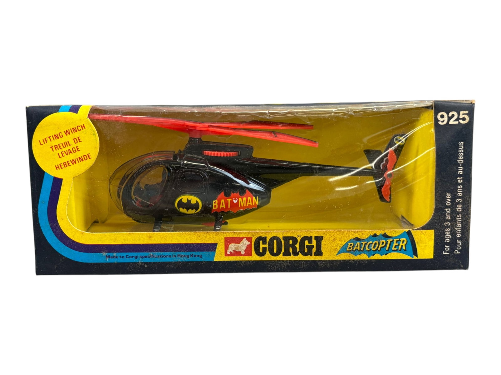 Corgi Toys 925 Batcopter in Original Box: Shows light playwear. Comes in the original box which shows light staining, edge/corner wear and creasing to the cello. Shipping: Weiss Auctions offers full-service, in-house shipping for nearly all