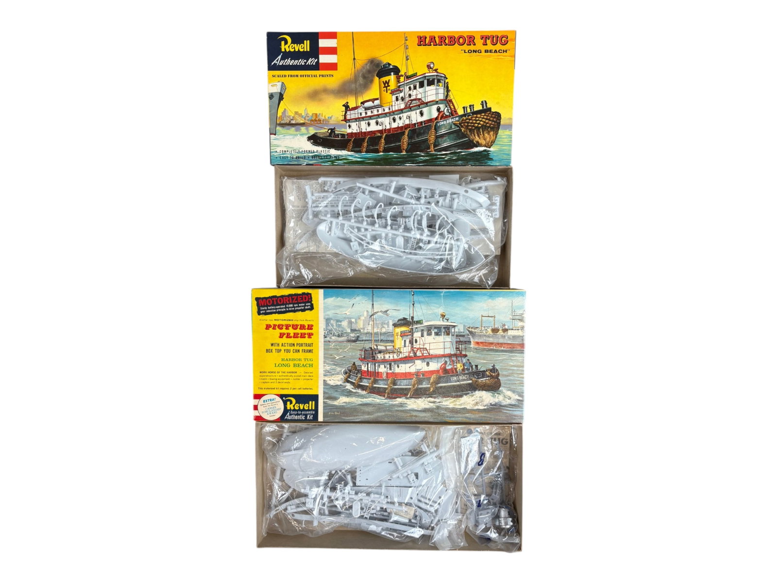2 Nice Vintage Revell Harbor Tug Model Kits: Includes H-397:249 Motorized Long Beach Harbor Tug. Parts sealed in bags with instructions; 1956 Log Beach Harbor Tug, all parts sealed in bags with instructions. Shipping: Weiss Auctions offers
