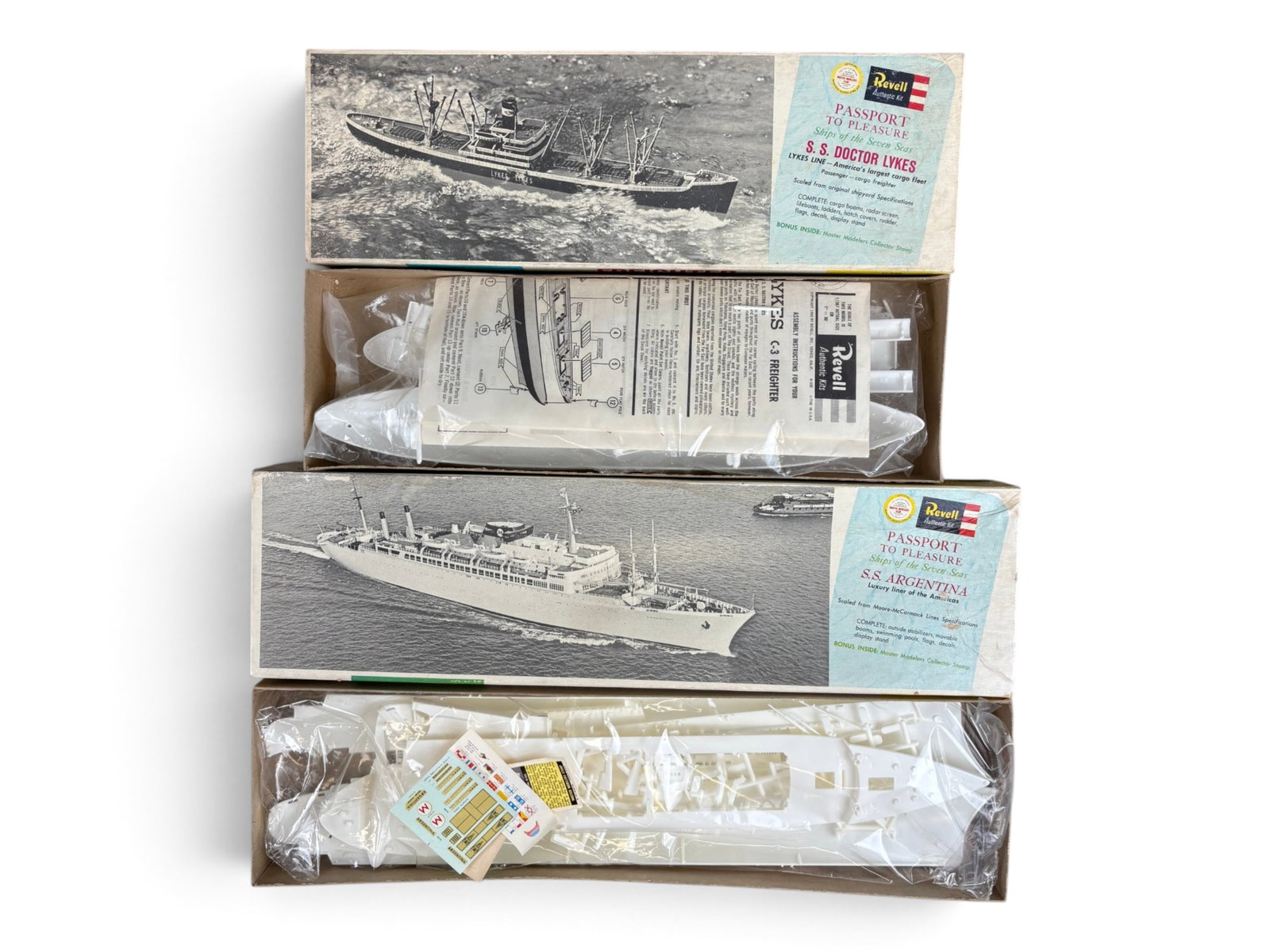 2 Revell 1961 Passport Series Ship Model Kits: Includes H335:168 SS Doctor Lvkes Passenger/Cargo Freighter, consignor collated as complete with open bag and instructions; H334L:198 SS Argentina Luxury Line of the Americas, sealed in bag with