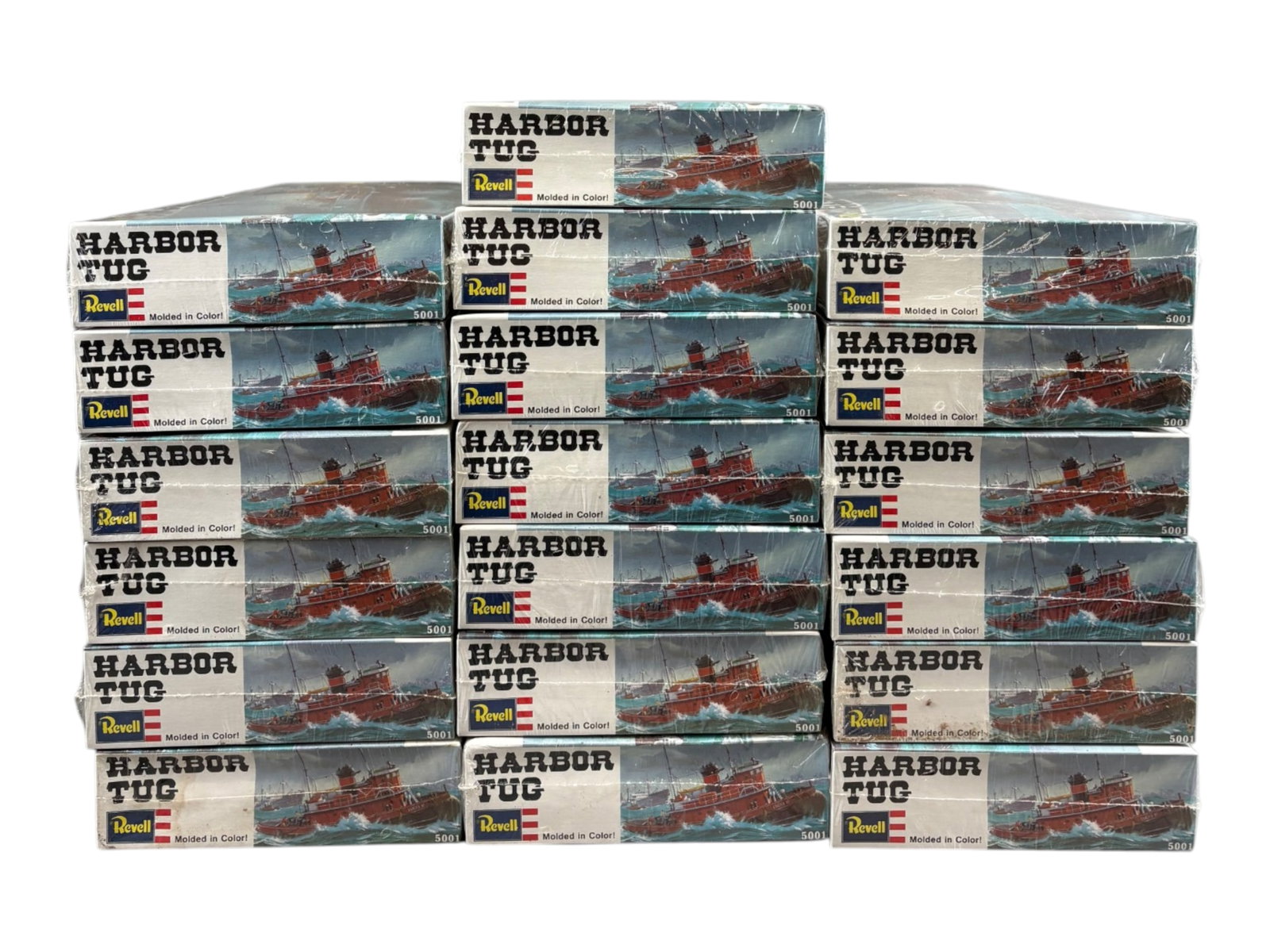 18 MINT Revell 1979 Harbor Tug Kits: Makes a 9 inch long model 1:108 scale, molded in color. All are dealer stock, sealed in boxes. Shipping: Weiss Auctions offers full-service, in-house shipping for nearly all items in this auction. For