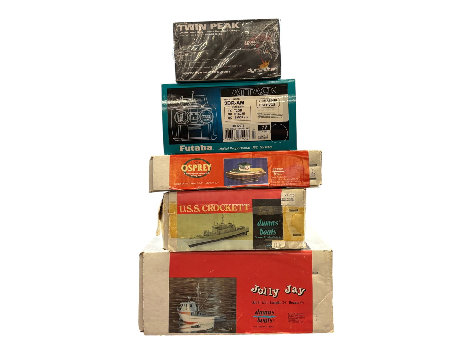 3 Large Dumas RC Model Kits & Gear: Includes a 1231 Jolly Jay Fishing Trawler, 24 inches when built; 1218 USS Crocket Escort ship, 51 inches when complete; 1242 The Osprey Fishing Boat, 24 1/2? long when built. All appear unbuilt, new