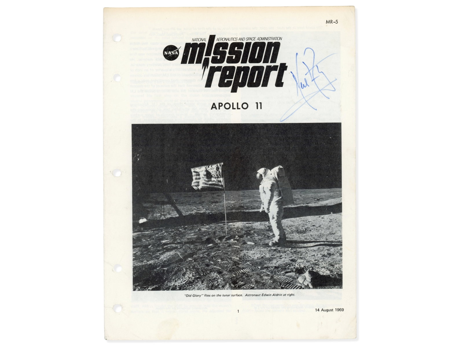 Neil Armstrong Apollo 11 Mission Report - Grad: Rare NASA Apollo 11 Mission Report dated August 14, 1969, signed in blue ink by Neil Armstrong on the cover. The illustrated report chronicles the historic first lunar landing and includes interior ph