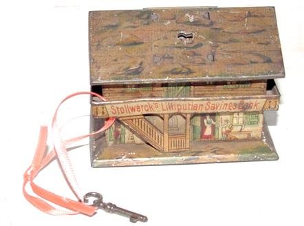 STOLLWERK SWISS CHALET BANK TIN. 1930'S