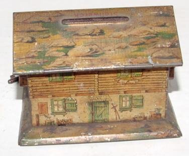 STOLLWERK SWISS CHALET BANK TIN. 1930'S - 2