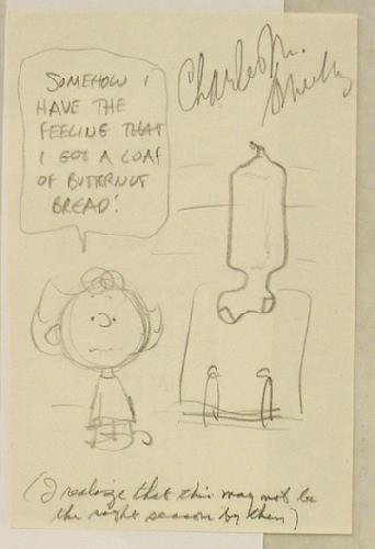 CHARLES SCHULZ ORIGINAL CONCEPT DRAWING: CHARLES SCHULZ ORIGINAL PENCIL CONCEPT DRAWING FOR A BUTTERNUT BREAD AD FEATURING SALLY. SIGNED APPROX. 4 X 6
