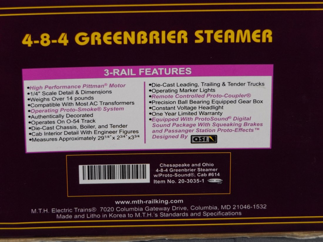 MTH 20-3035-1 C&O Greenbrier Steamer w/Proto (1 of 2)