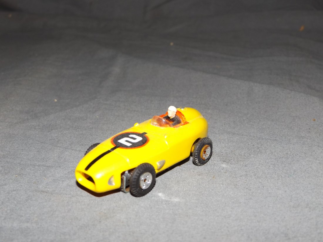 Aurora #1359, Indianapolis Racer in Original Box: Thunderjet HO Slot Car. Scarce Lemon Yellow. Indianapolis Racer in original box with label insert. (no foam)