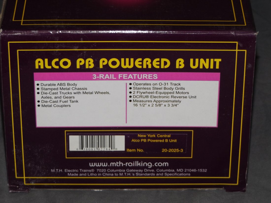 MTH 20-2025-3, NYC Alco PB Powered B Unit: New York Central Alco PB Powered B Unit. Catalog # 20-2025-3. Comes in the original box. Untested.
