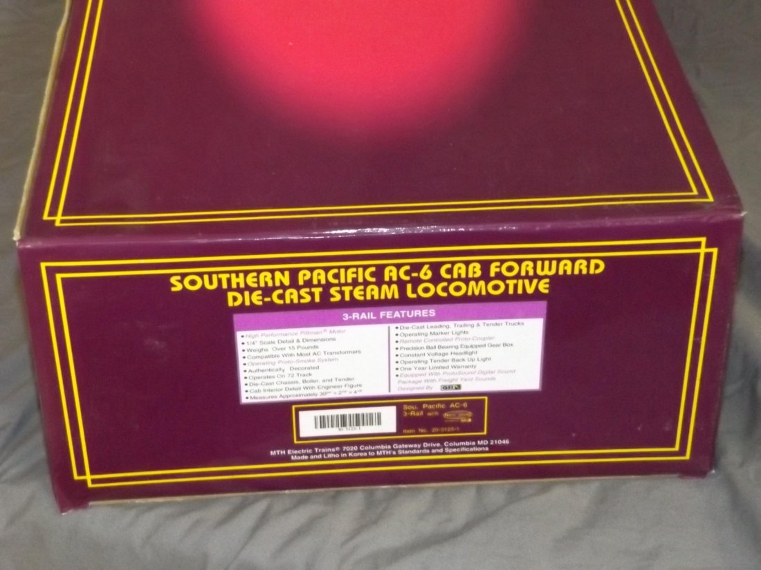 MTH 20-3125-1, Southern Pacific AC-6 Steam Loco: Southern Pacific AC-6 Cab Forward Diecast Steam Locomotive and Tender. 3 Rail with Protosound. Comes in the original box. Untested.