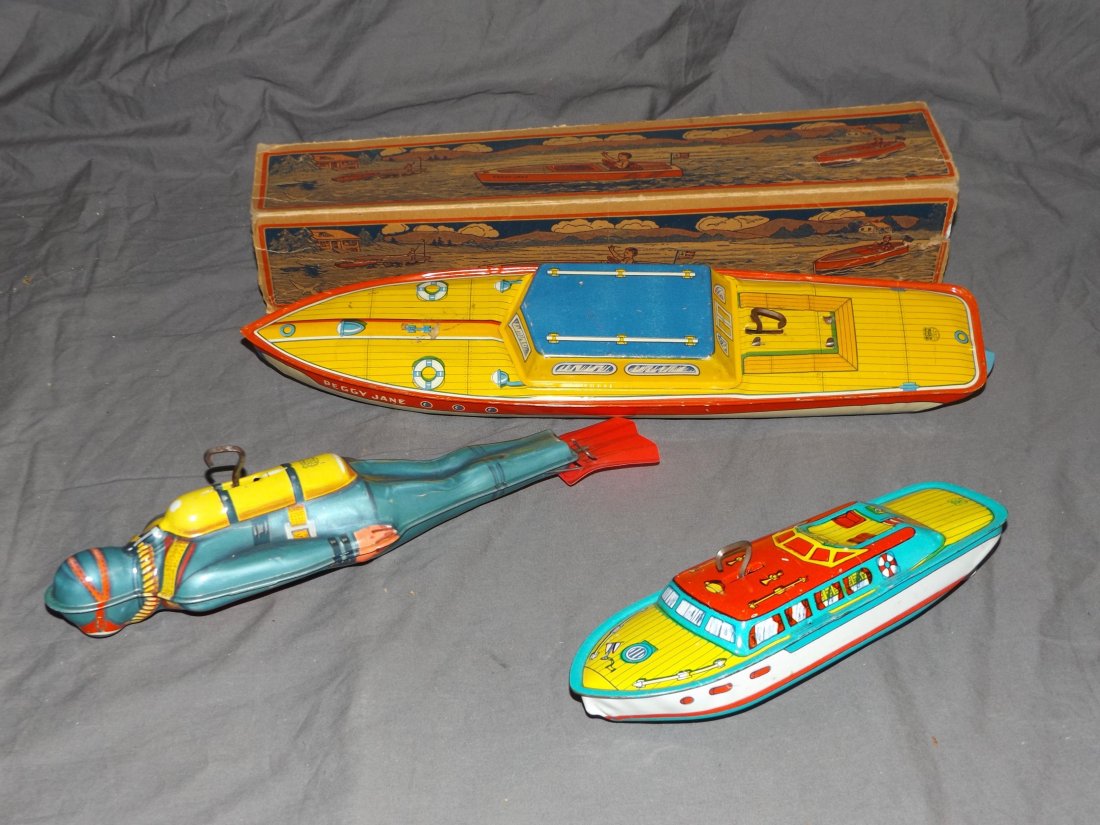 3 Chein Tin Litho Windup Toys, Boats & Scuba Man (1 of 4)