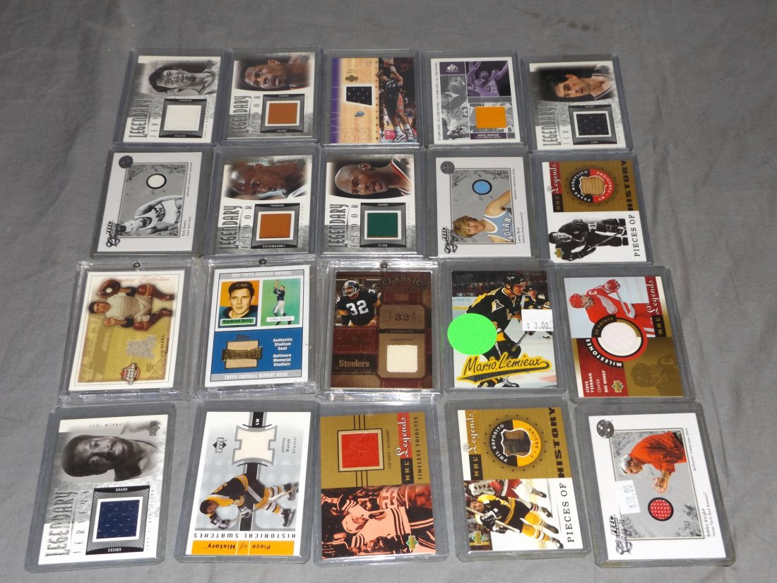 Specialty Cards. Fabric and Equipment Swatches.: Lot of Twenty cards includes Bobby Knight, Earl Monroe, Bucyk, Mikita, Esposito, Yzerman, Berra, Mahovolich, Bird, Havlicek etc. These are sold "as is" as a collection and not subject to return.