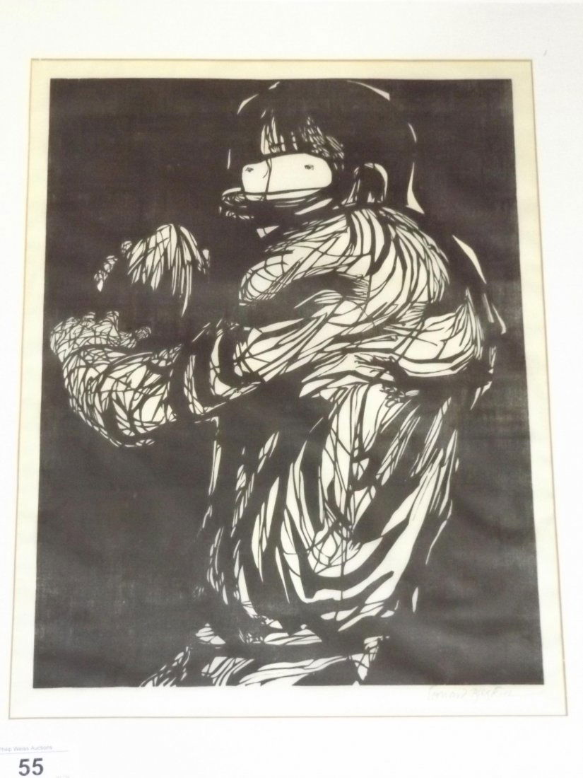 Leonard Baskin Signed Woodcut, Football Player: Pencil signed lower right. Sight seen approx. 13.75" x 18.5".