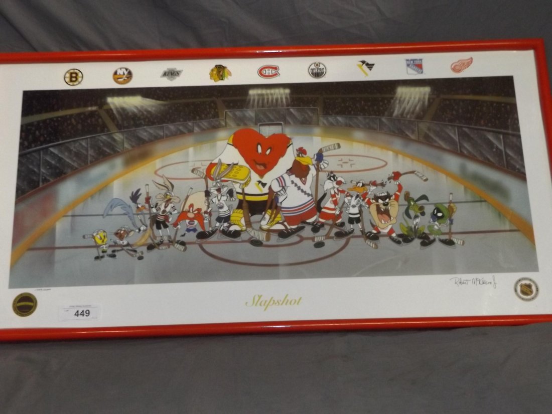 Robert McKimson, Slapshot Looney Tunes Litho: Limited editon seriolithograph in color on paper and signed by Robert McKimson Jr. Titled "Slapshot", and numbered 1759/2000. Image size seen approx. 35" x 18".