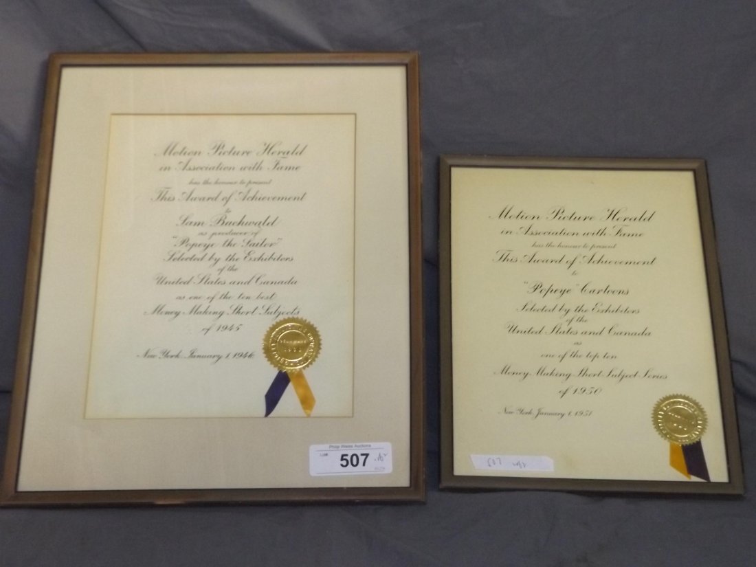 Animation Awards. Lot of Two. Popeye.: Includes Motion Picture Herald award of achievement to Sam Buchwald as Producer of Popeye and The Award of Achievement Popeye Cartoons. 1946 and 1951.