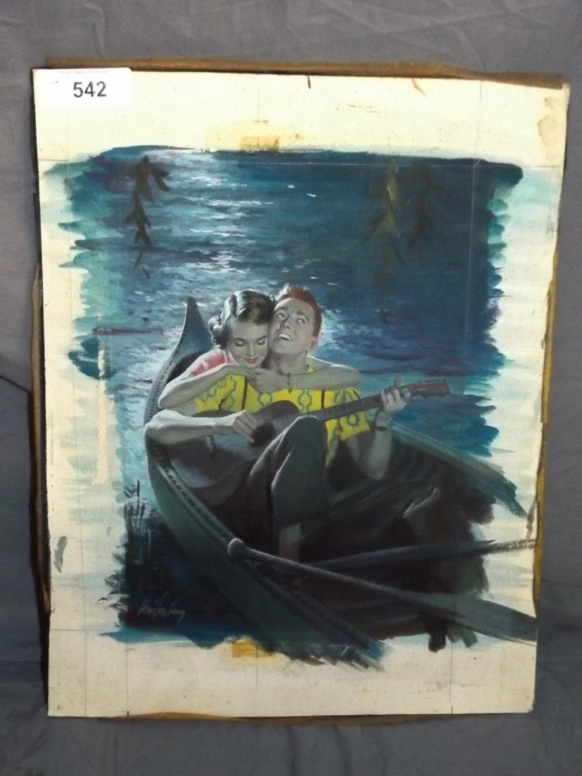 Howard Forsberg (1918 - 2002) Acrylic on Board.: Coronet Magazine July 1951 "Boy and Girl in Canoe" signed lower left. 15" x 17" image size.