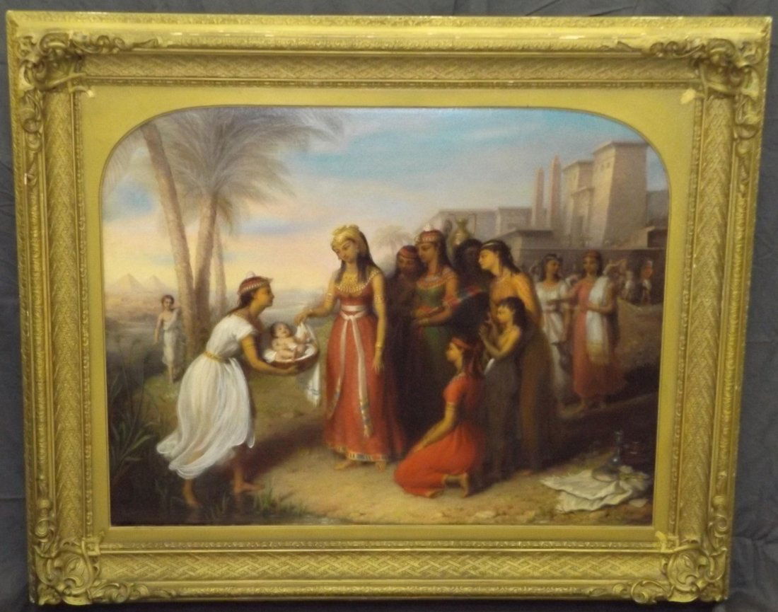 19th Cent. Oil on Canvas. Moses Pulled from River. (1 of 9)