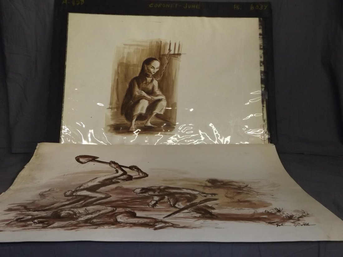 John Groth Archive. 20 Pieces Original Art.: Pen and Ink Illustrations, signed by Groth. Some have waterstaining to edges, many do not. Various subjects and sizes with most being larger size pieces. The largest is approx. 27 x 30 1/2".