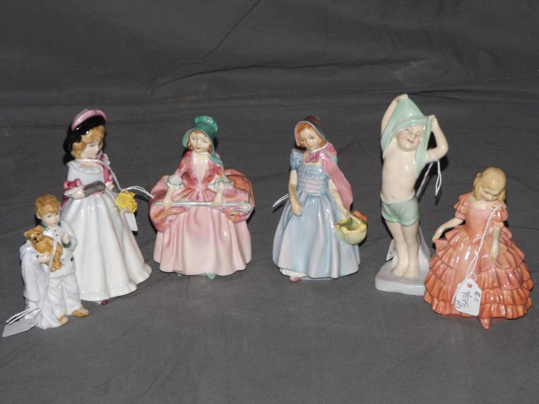 Royal Doulton Figurines. Lot of 6.: includes Bo-Peep - HN 1811, Rose - HN 1365, Sharon - HN 3047, Wendy - HN 2109, Sleepyhead - HN 3761 and To Bed - HN 180. Nice overall condition. Examine.