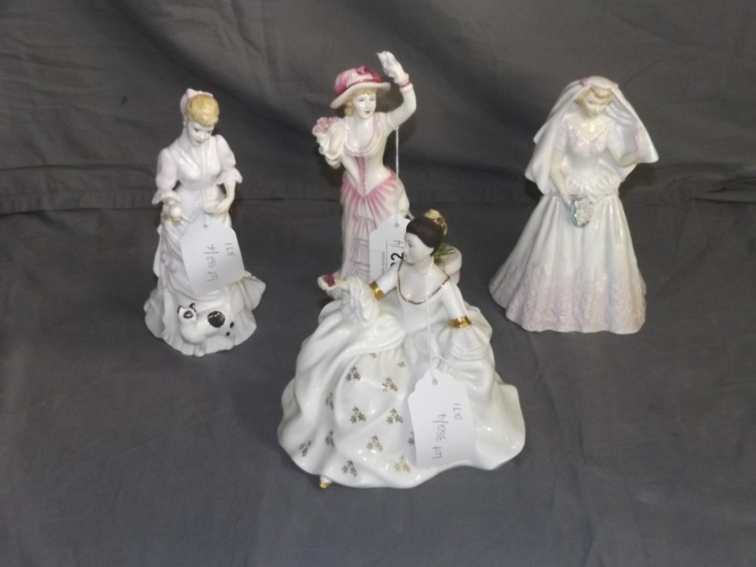 Royal Doulton Figurines. Lot of 4.: includes My love - HN 2339, The Bride - HN 2166, Lucy - 3858 and Bon Voyage - 3866. Nice overall condition. Examine.