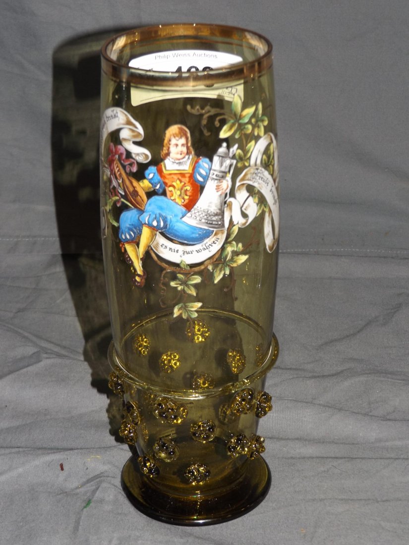 Bohemian Glass.: 10 1/2" tall hand painted glass cup.