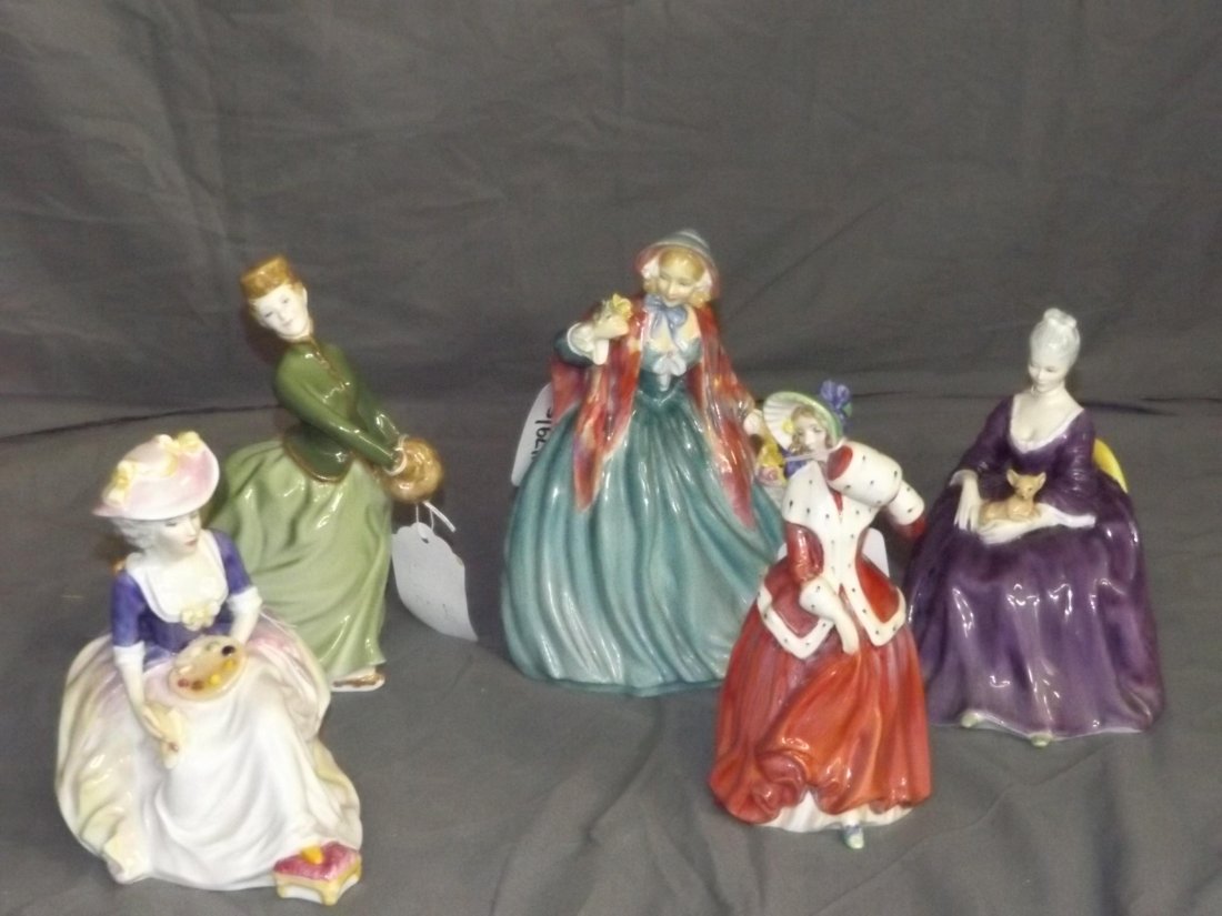 Royal Doulton Figurines. Lot of 5.: includes Lady Charmain -hn1948, Grace -hn 2318, Charlotte - hn 2431, Kathleen -hn 2300 (signed), and Christmas Morn -1992. Nice overall condition. Examine.