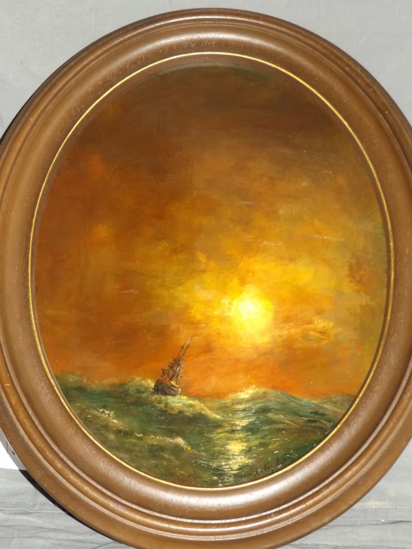 Oil on Wood, Attribution to Ivan Aivazovsky: Nice image depicting a ship at sea in rough waters. Oval shaped painting, image size seen approx. 10" x 13.5". This painting was a late arrival and we have not had the opportunity to research. This is