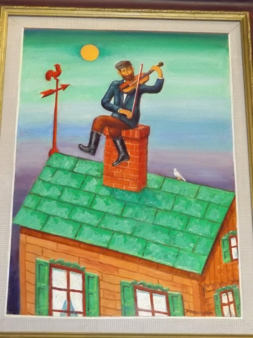Maurice Kish (1895 - 1987): Oil on board. "The Fiddler on the Roof". 12" x 16" signed lower right.